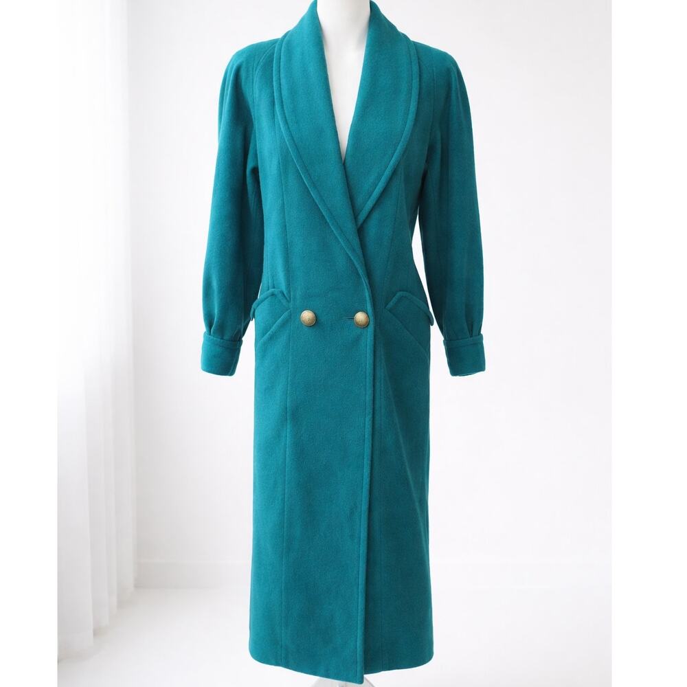 Vintage 80s Karizma Wool Blend Coat 10 Womens Teal Two Button Long Blazer